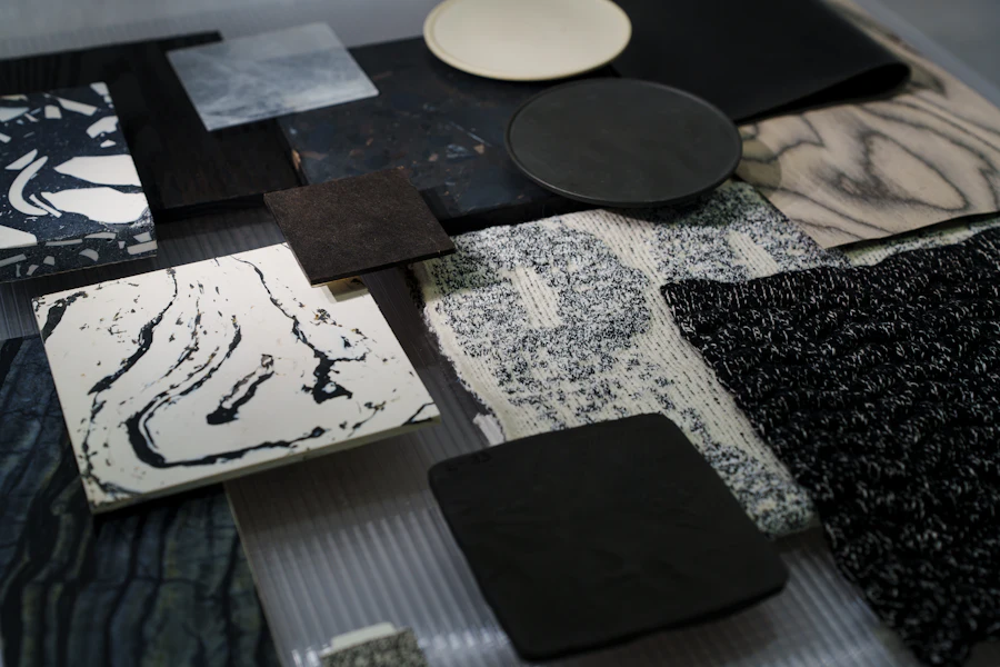 Assorted product material samples laid out for comparison