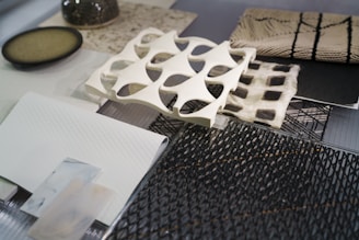 Various textures and materials are arranged on a surface.