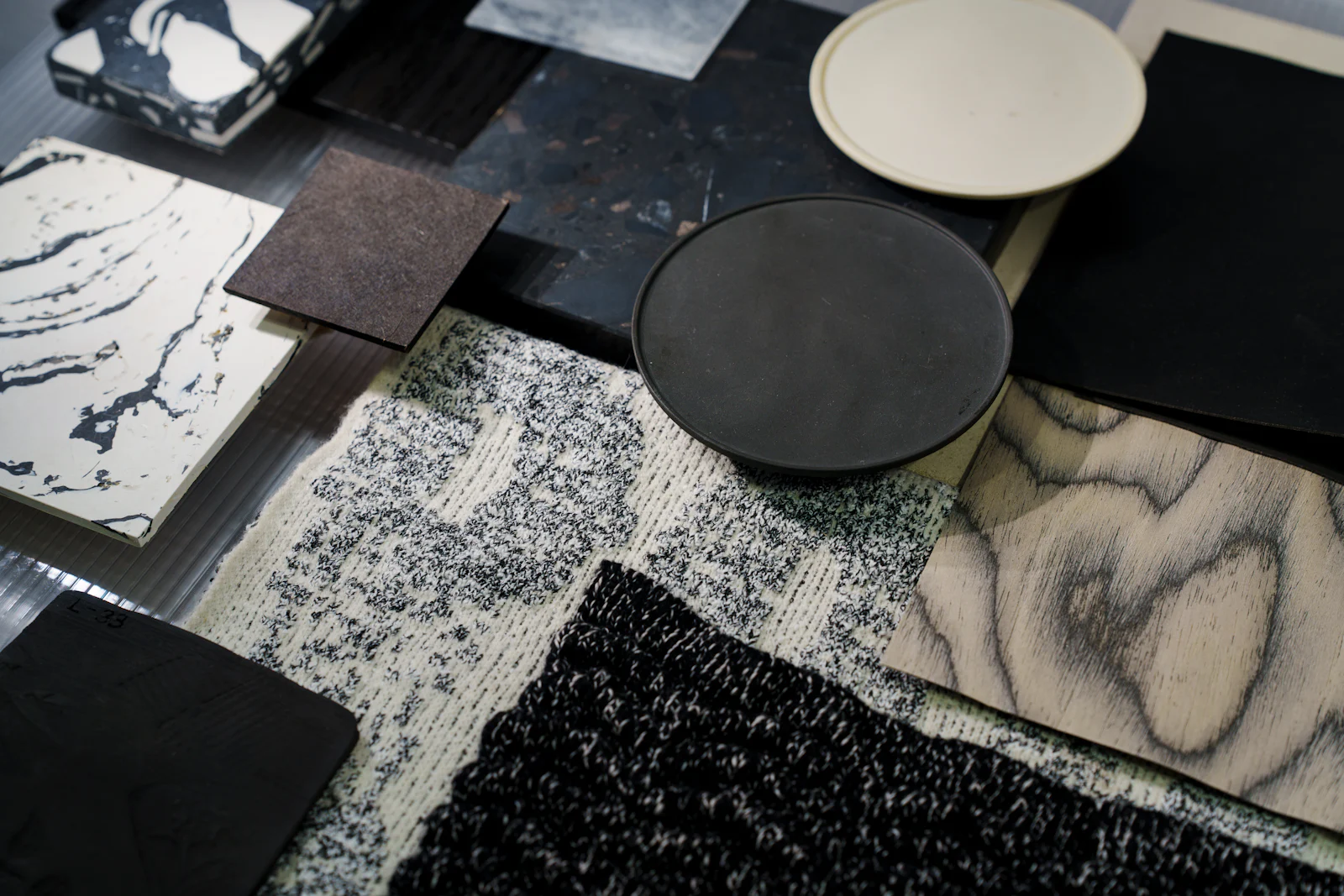Stone, fabric and finish samples laid out together