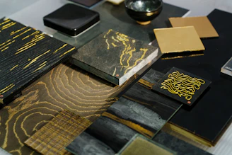 Various pieces of wood with intricate patterns.