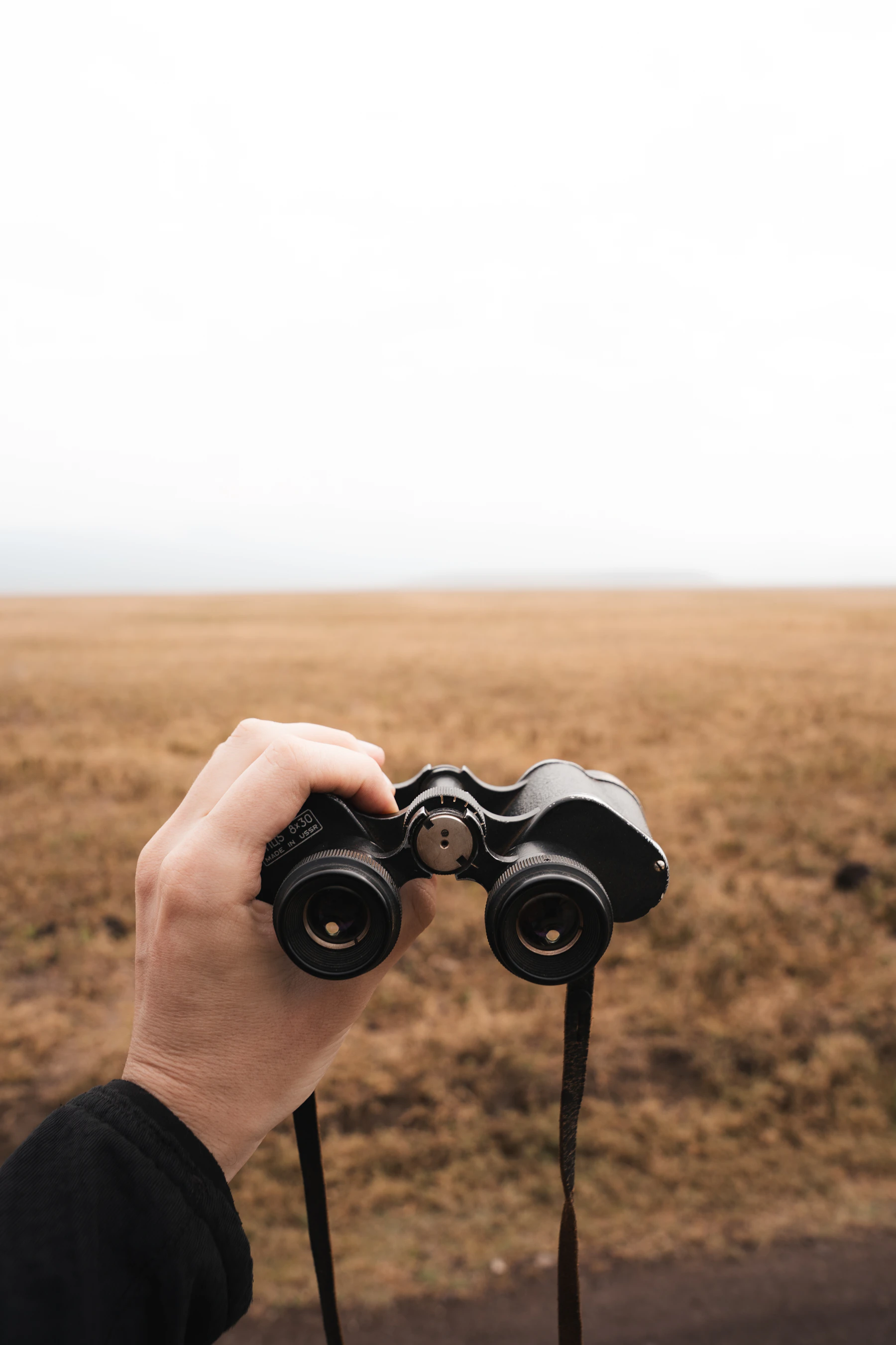 A guide scanning the plains with binoculars