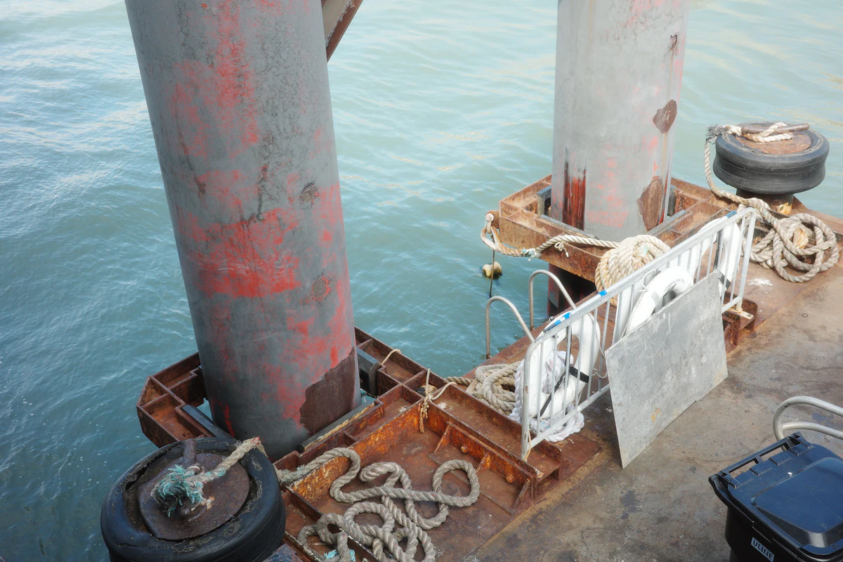 Mooring poles with rope at a marine terminal — the dolphin structures whose foundations Texas Tuff Rock Bags protect against tidal and wash-induced scour