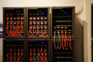 Network servers are connected with cables.