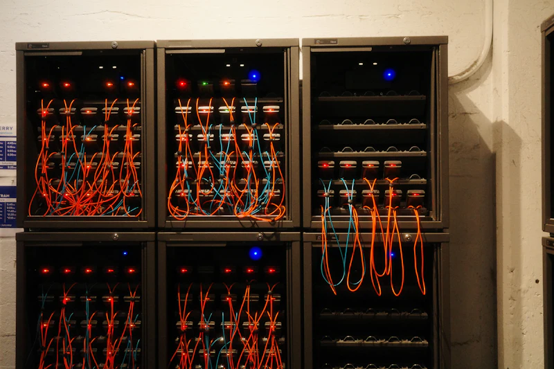Server cabinets filled with orange network cables