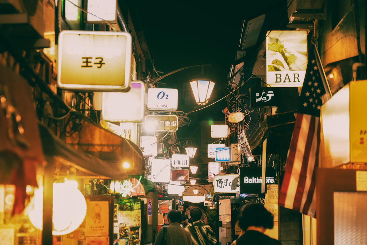 Golden Gai narrow alley at night