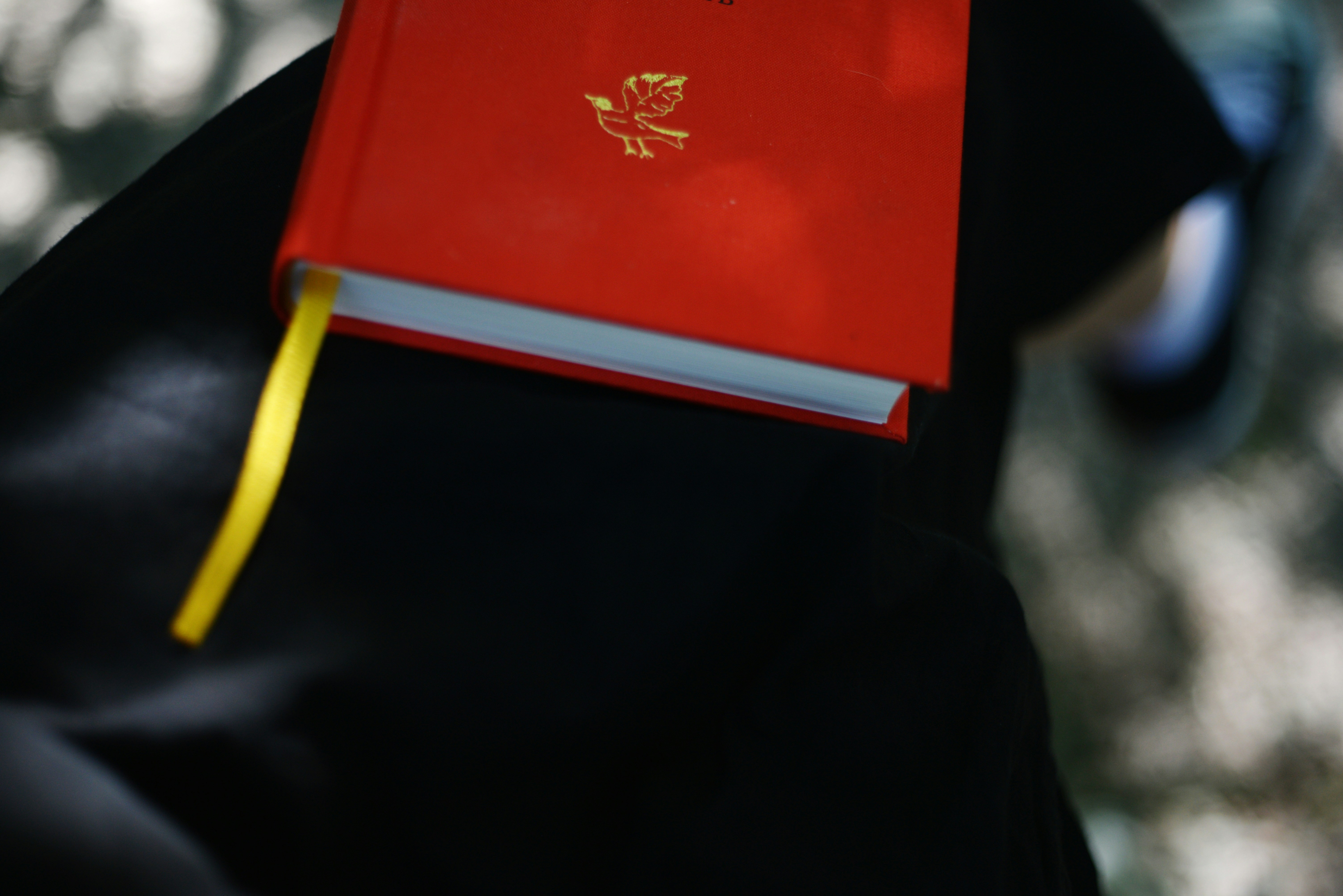 A red book with a yellow bookmark.