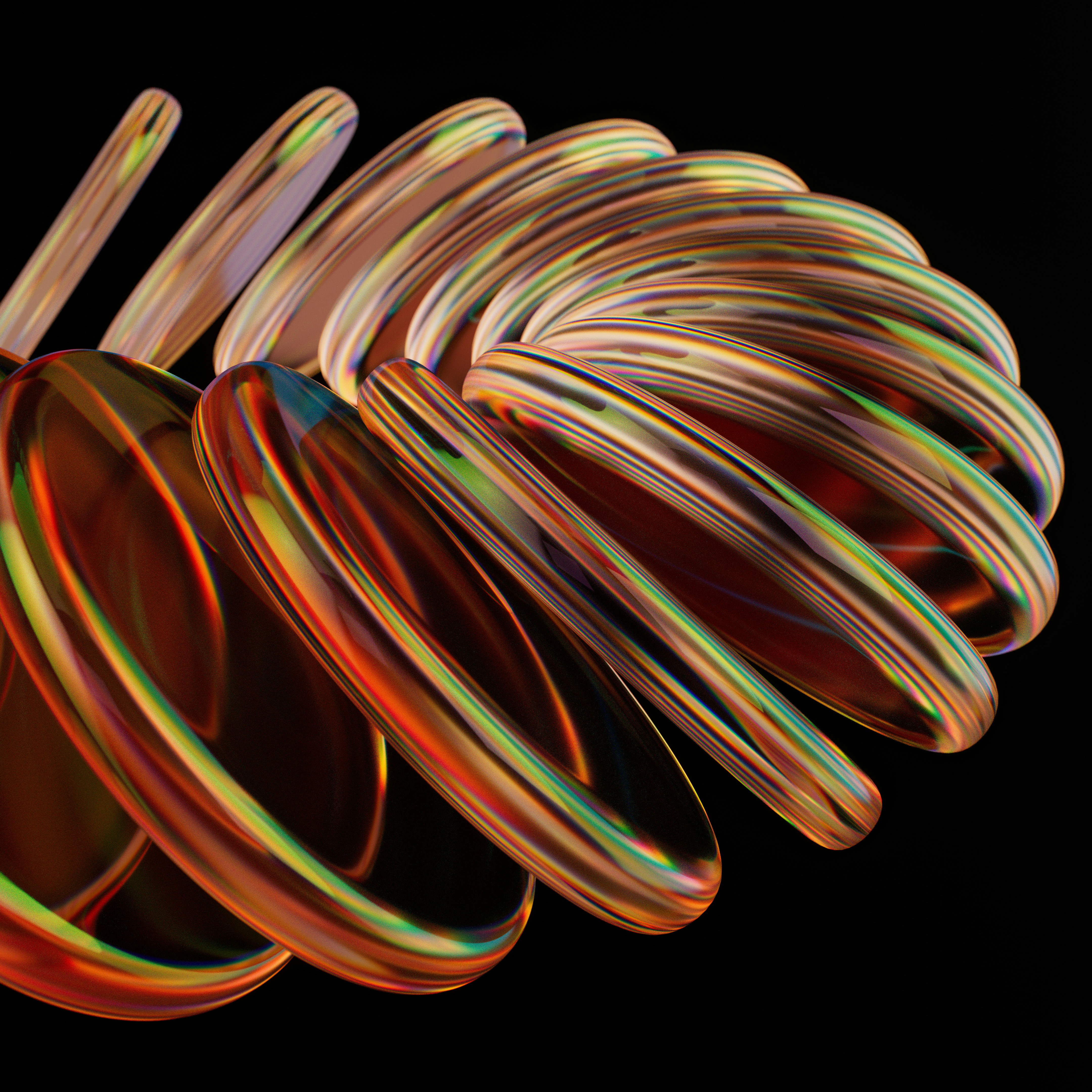 A spiraling, glass-like structure against black