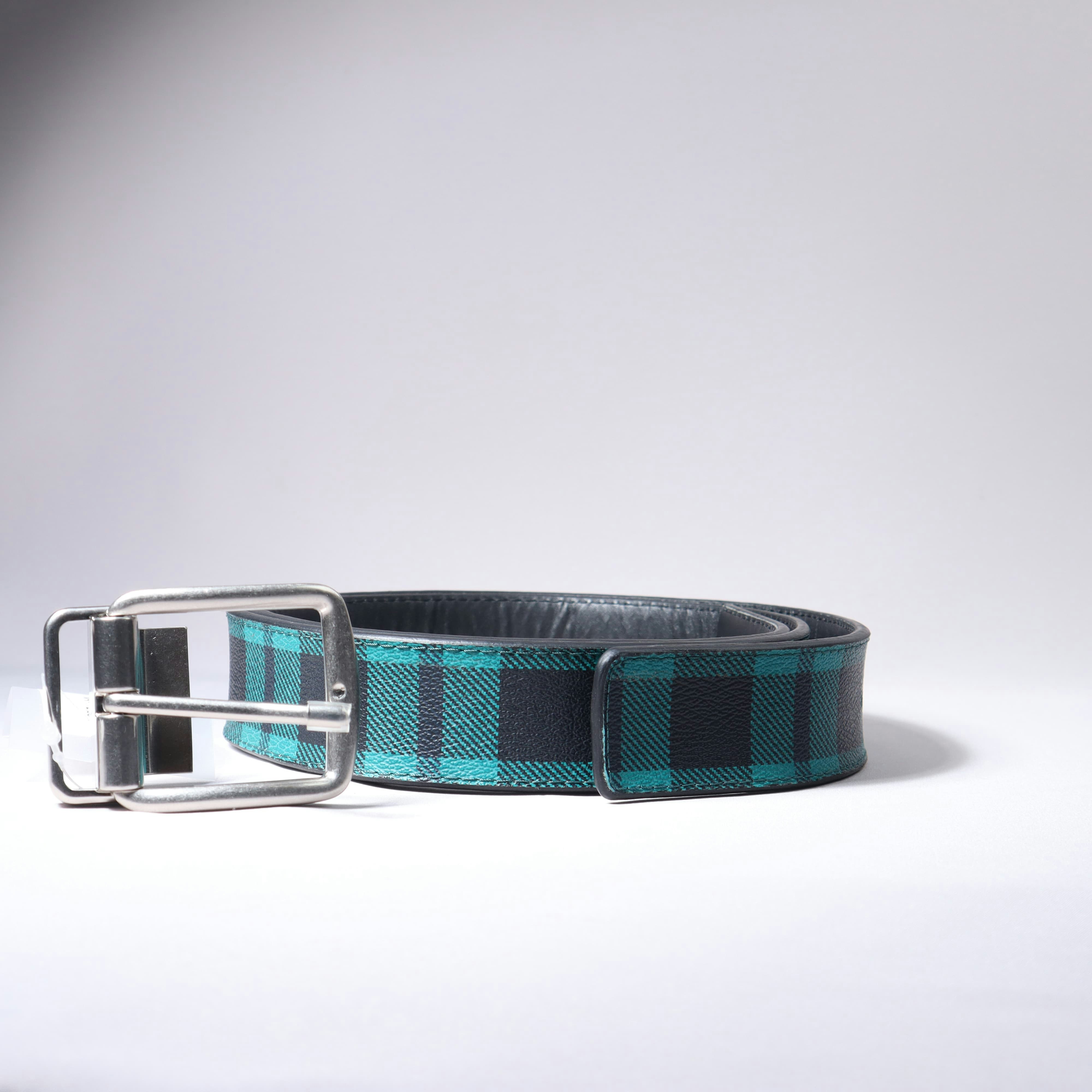 A plaid belt lies against a white background.