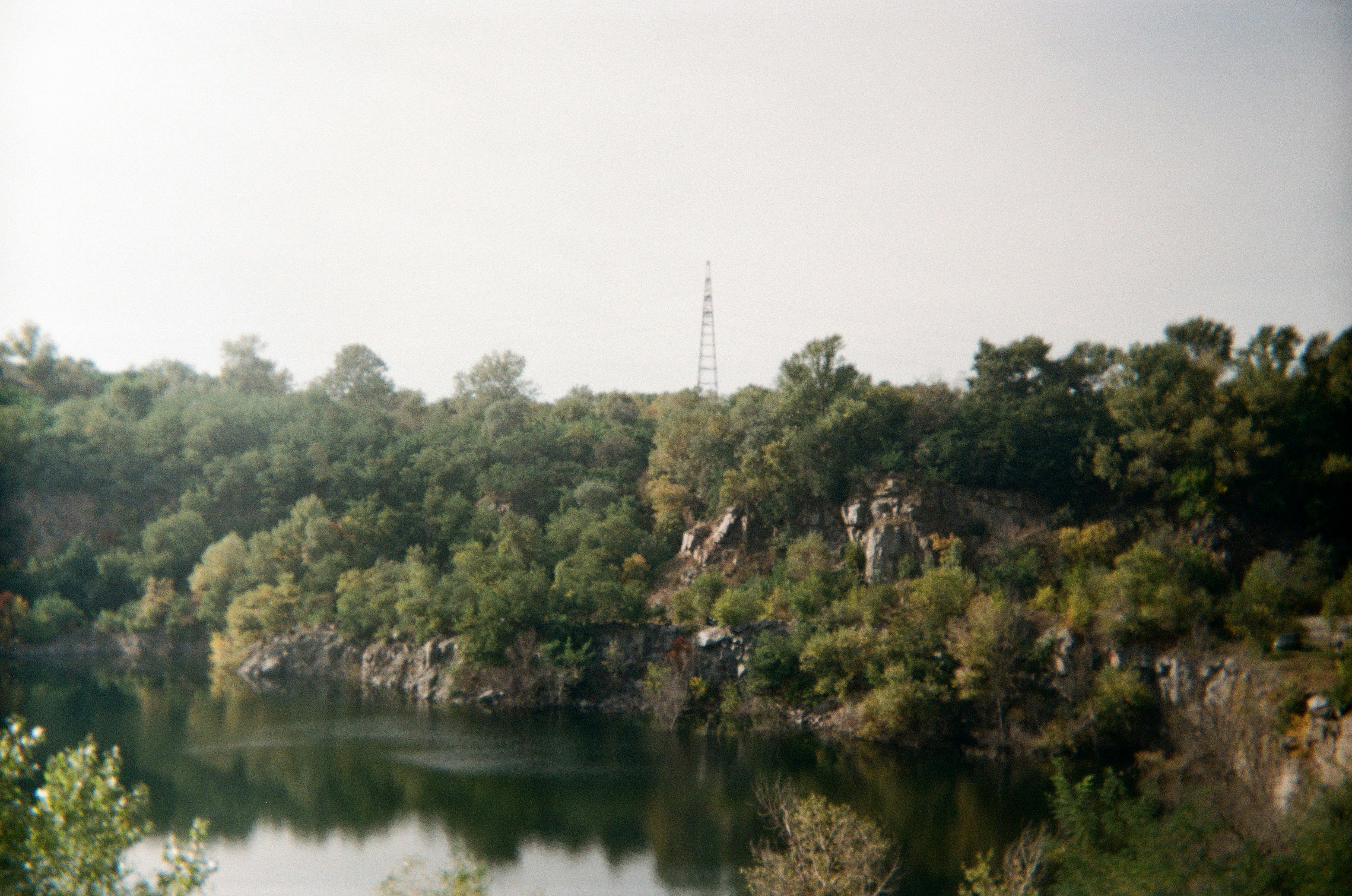 Trees and lake with a tall tower in the distance.