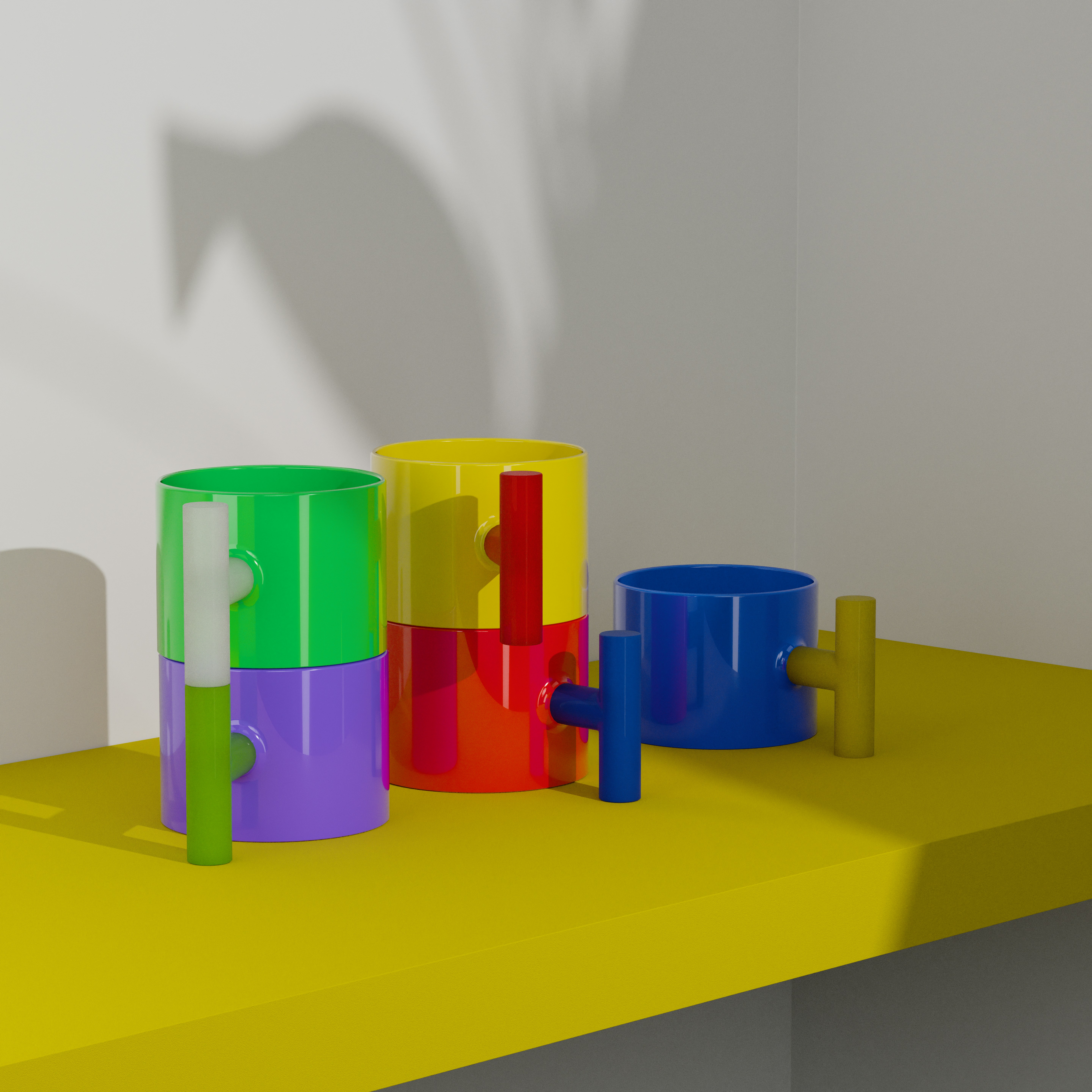 Colorful geometric shapes are arranged on a yellow surface.