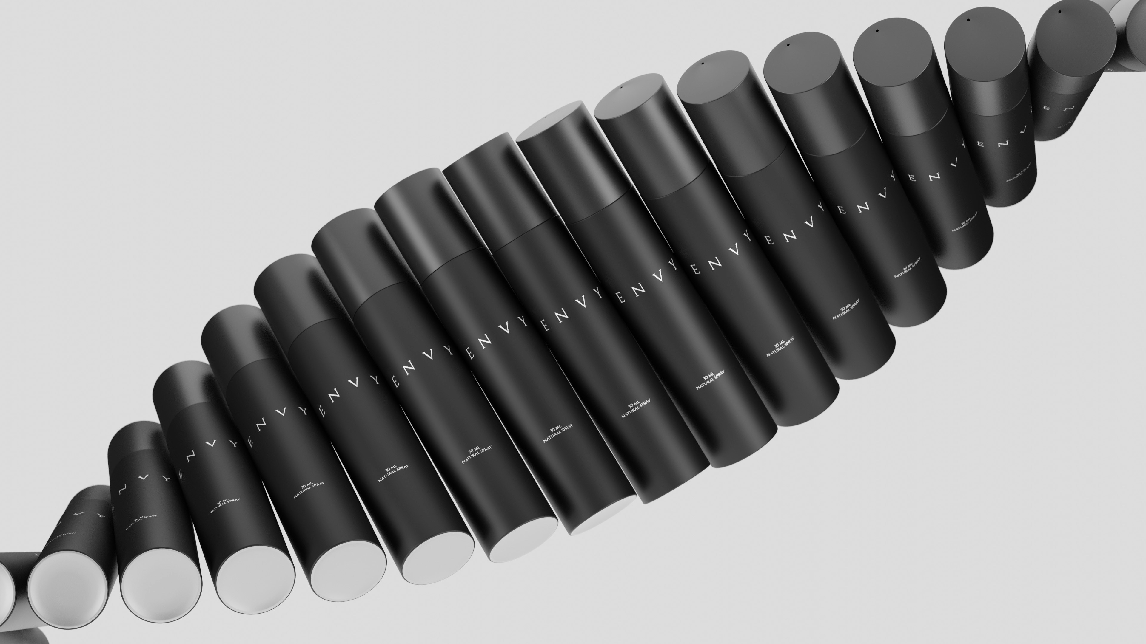 A striking, repeating pattern of matte black 'ENVY' perfume bottles