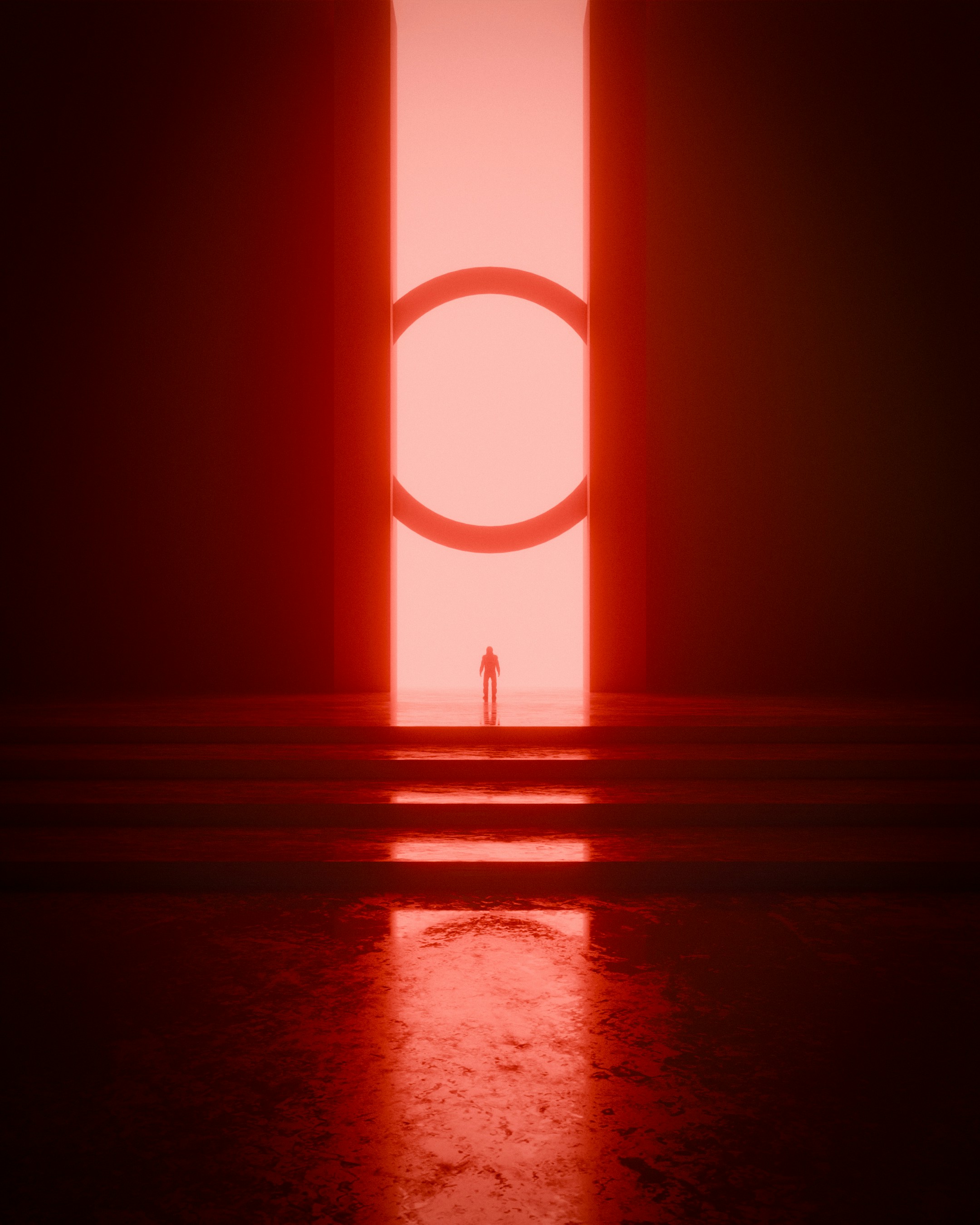Uma silhueta está diante de um portal circular vermelho.