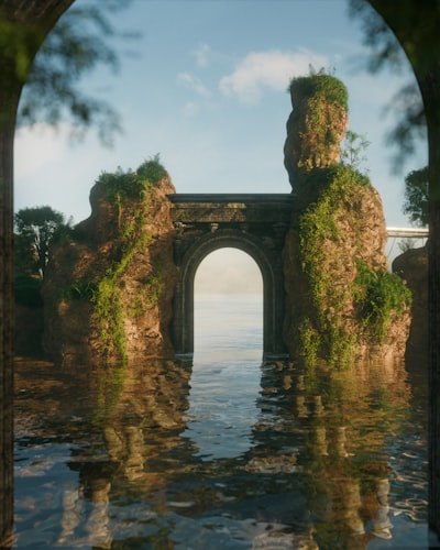 A stone bridge reflects in the peaceful water.