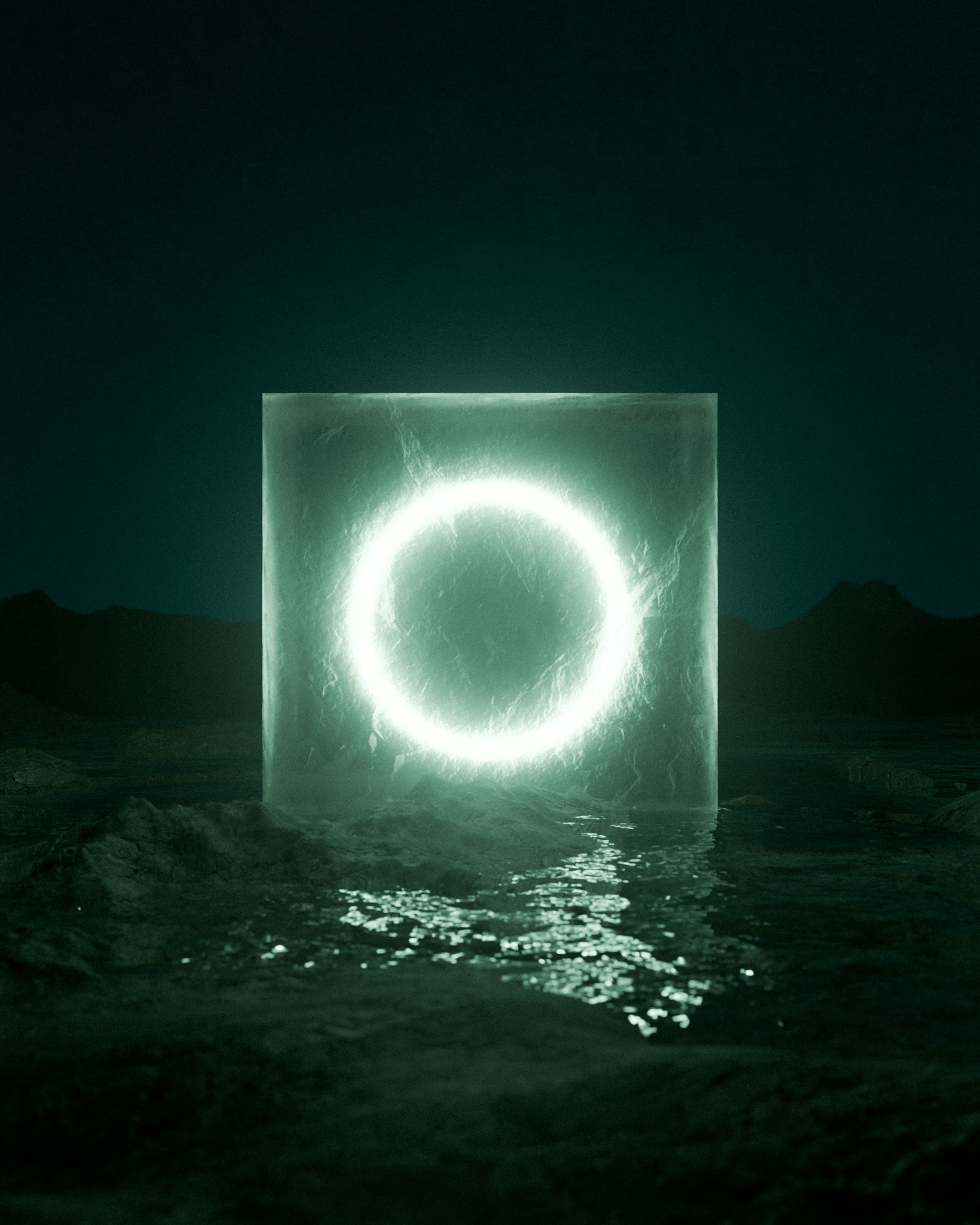 A glowing circle inside a transparent cube.