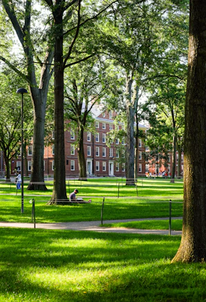 A lush green campus with brick buildings.