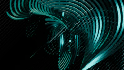 Abstract teal lines swirl against black.