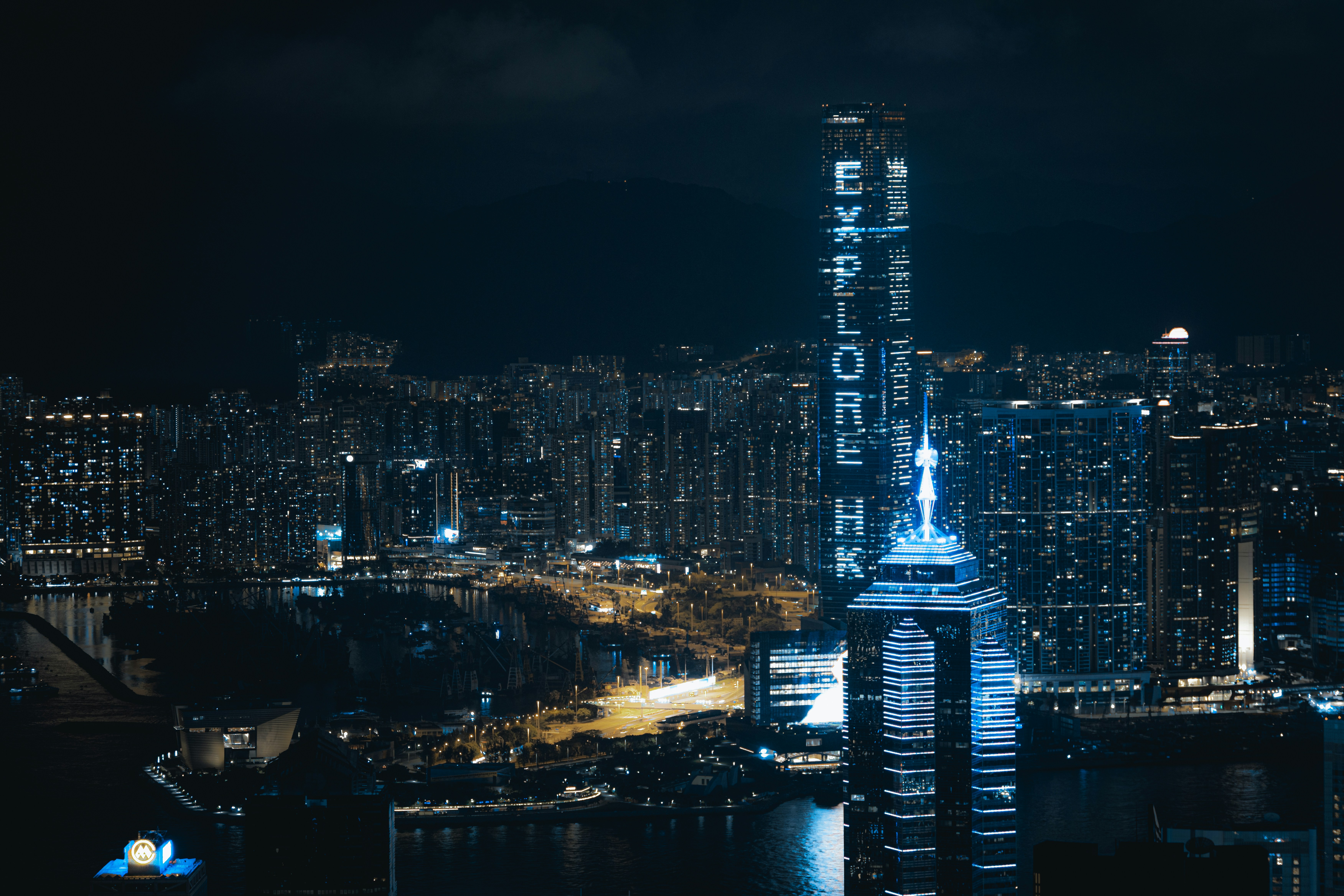 Hong kong's skyline illuminated at night.