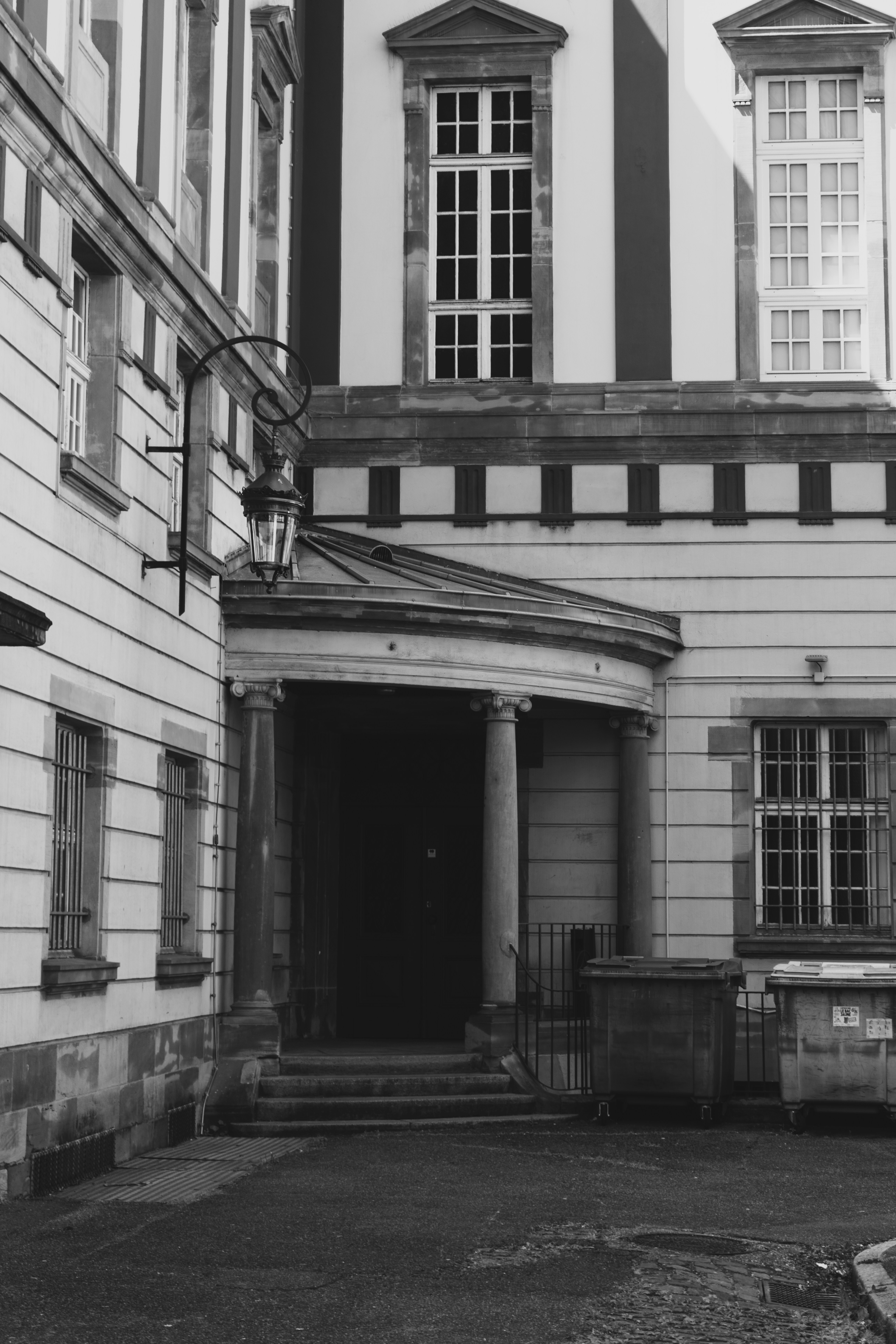 An elegant building features classic architecture.