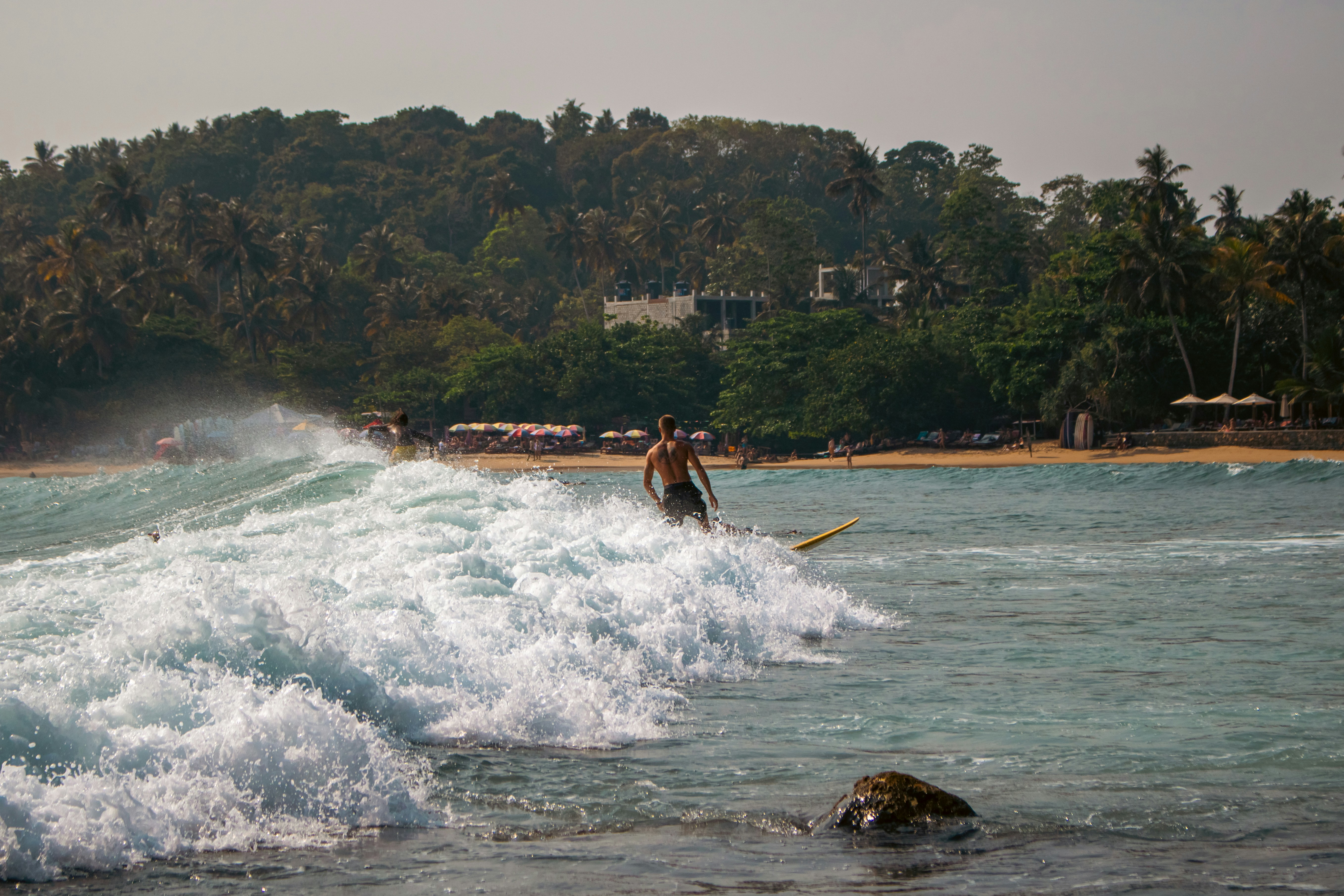 A surfer rides a wave near the beach.