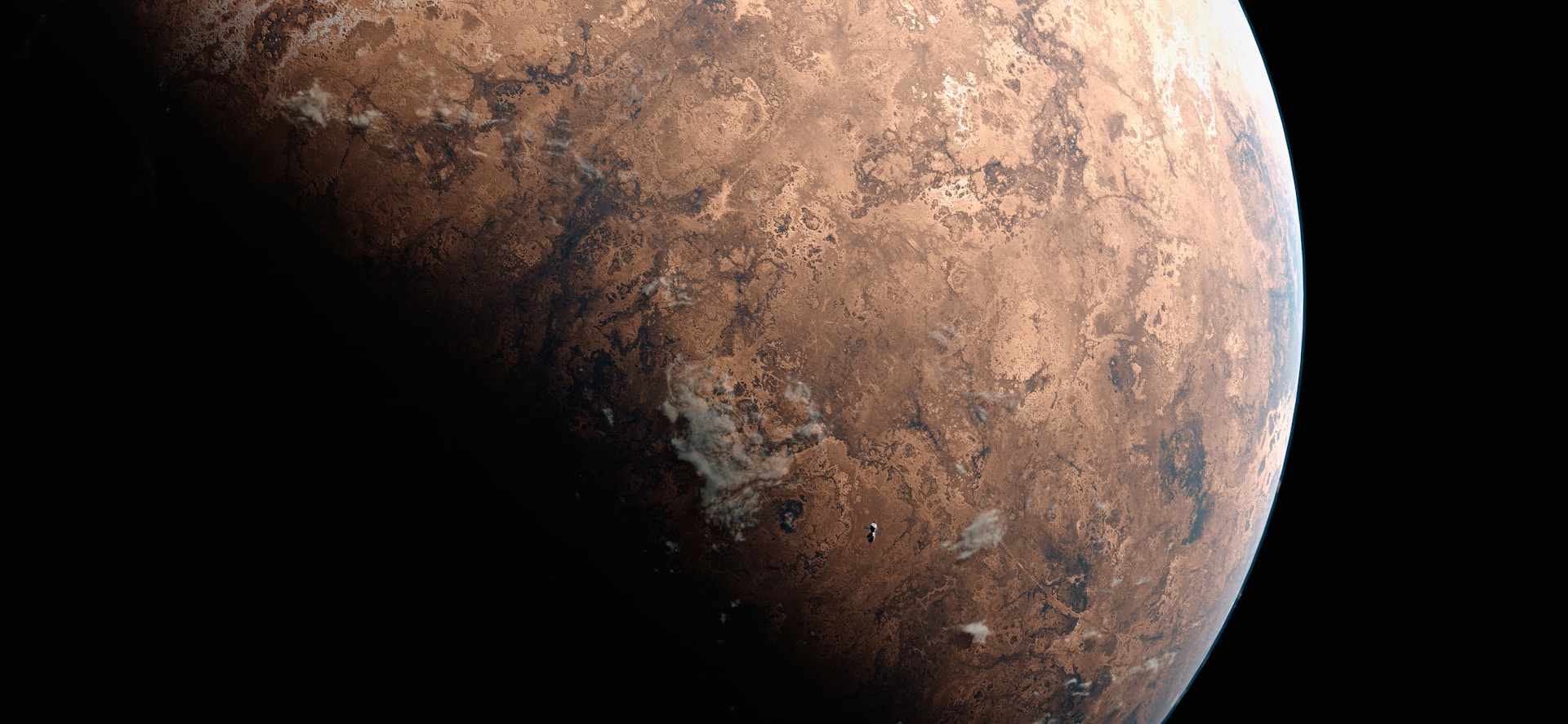 Here is the caption: a view of mars in the black of space.