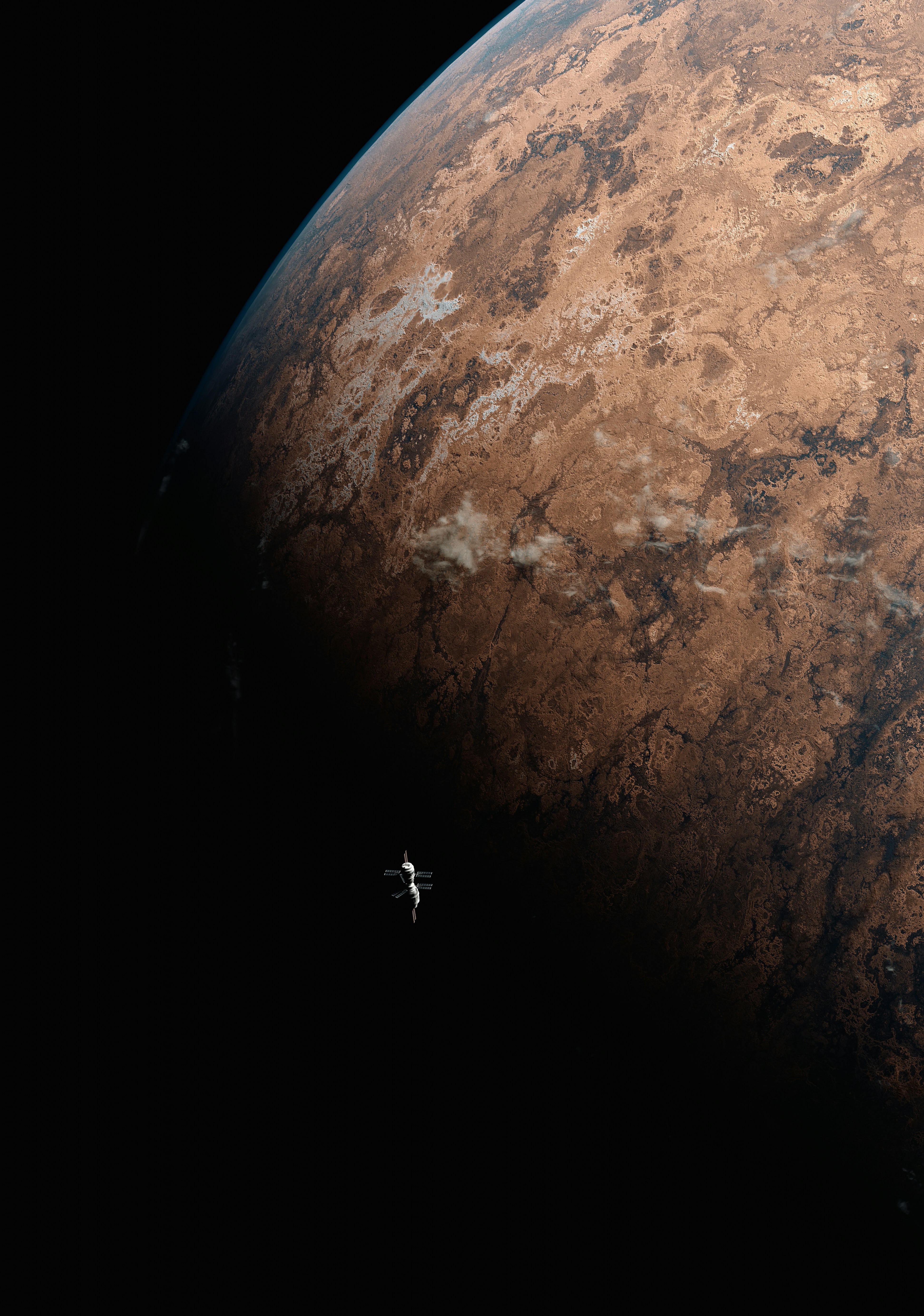 A spacecraft flies near an alien planet.