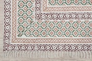A decorative rug with geometric and floral patterns.