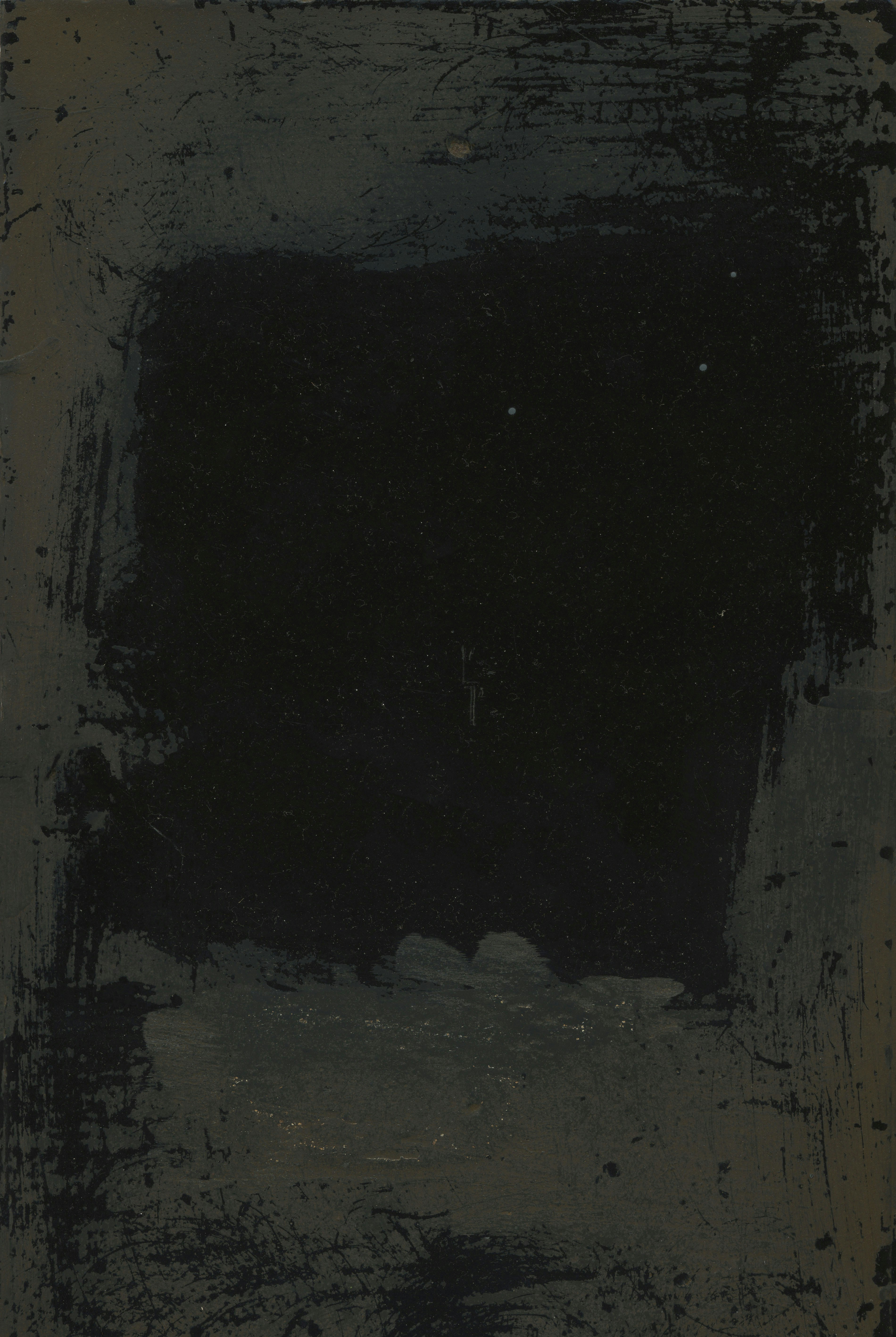 Black rectangle framed by dark, textured colors.