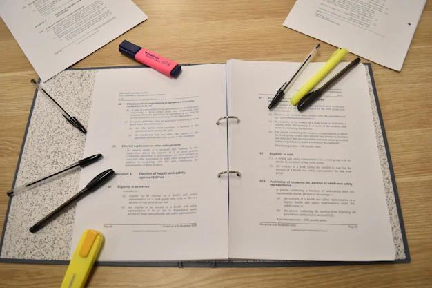 Papers, pens, and highlighters are laid out for studying