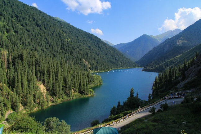 A beautiful lake surrounded by tall green trees.