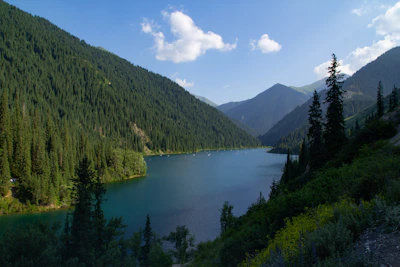 The first Kolsay lake, dark green between forested slopes of the Tien Shan