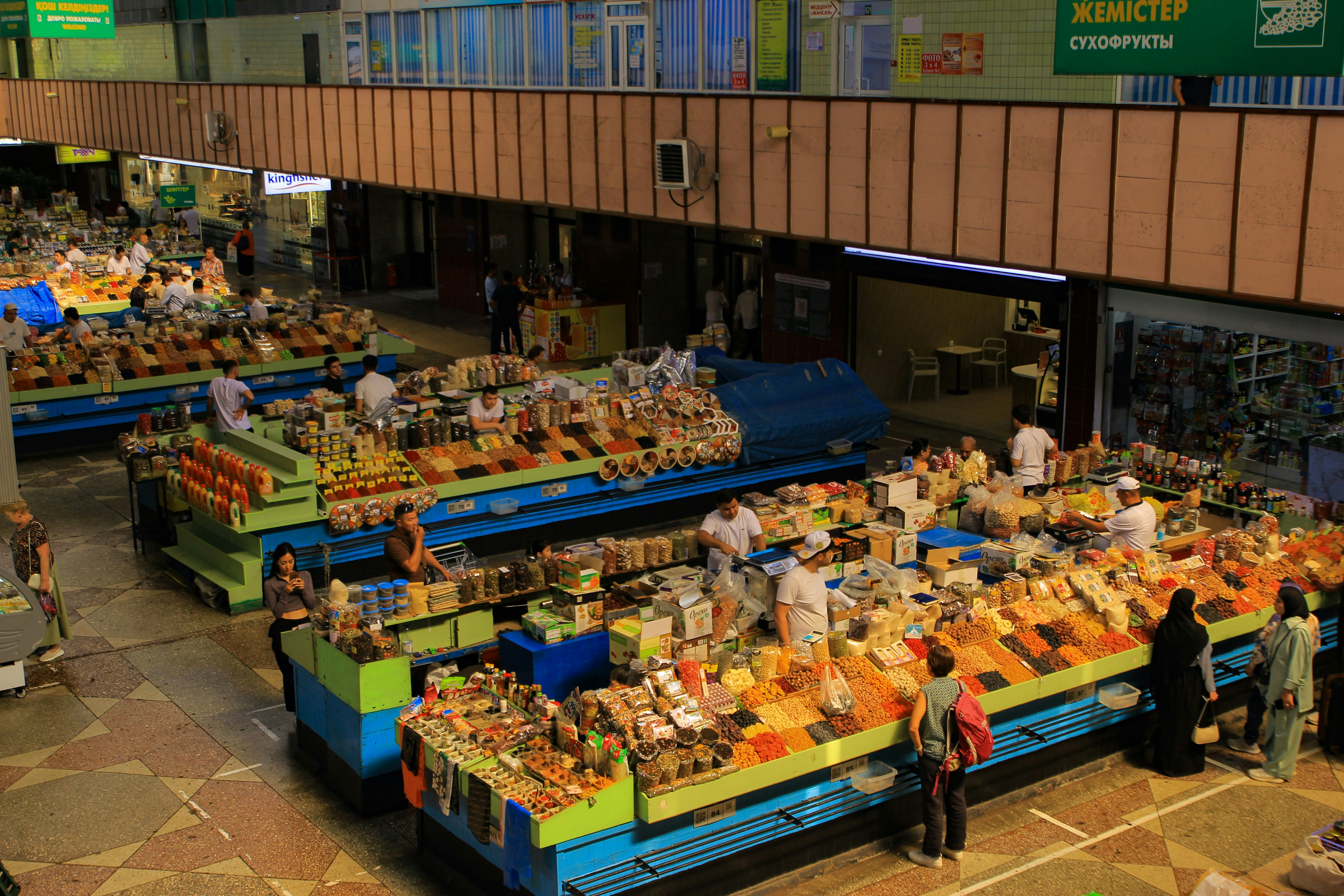 Market stalls with colorful food items