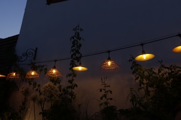 Outdoor string lights illuminate the night sky.