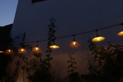Outdoor string lights illuminate the night sky.