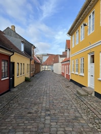 A cobblestone street with colorful buildings.