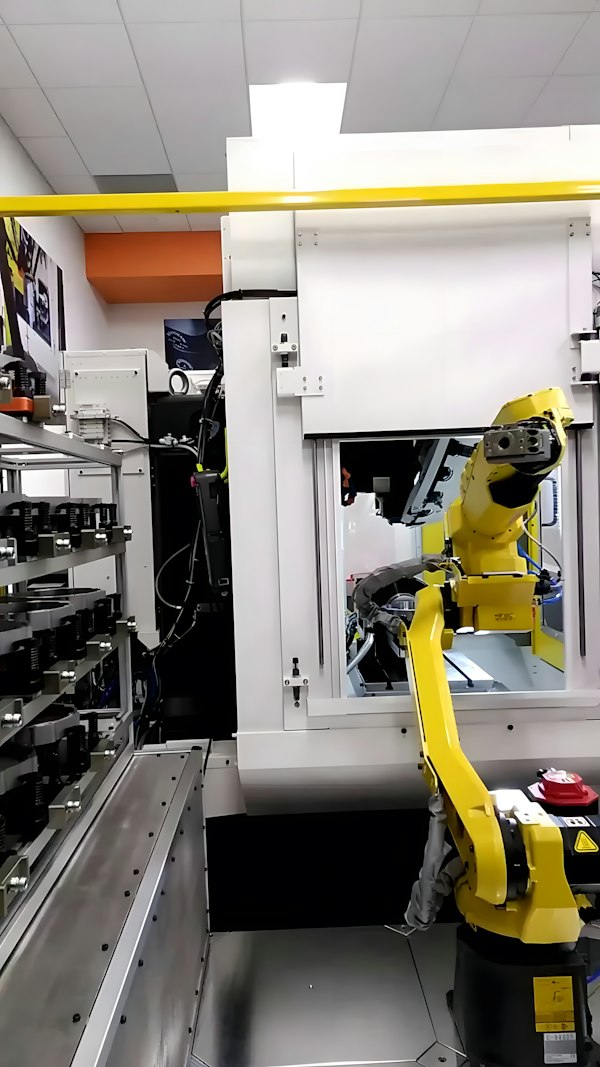 Brazo robótico trabajando dentro de una celda de producción, terreno del marketing digital para automatización industrial