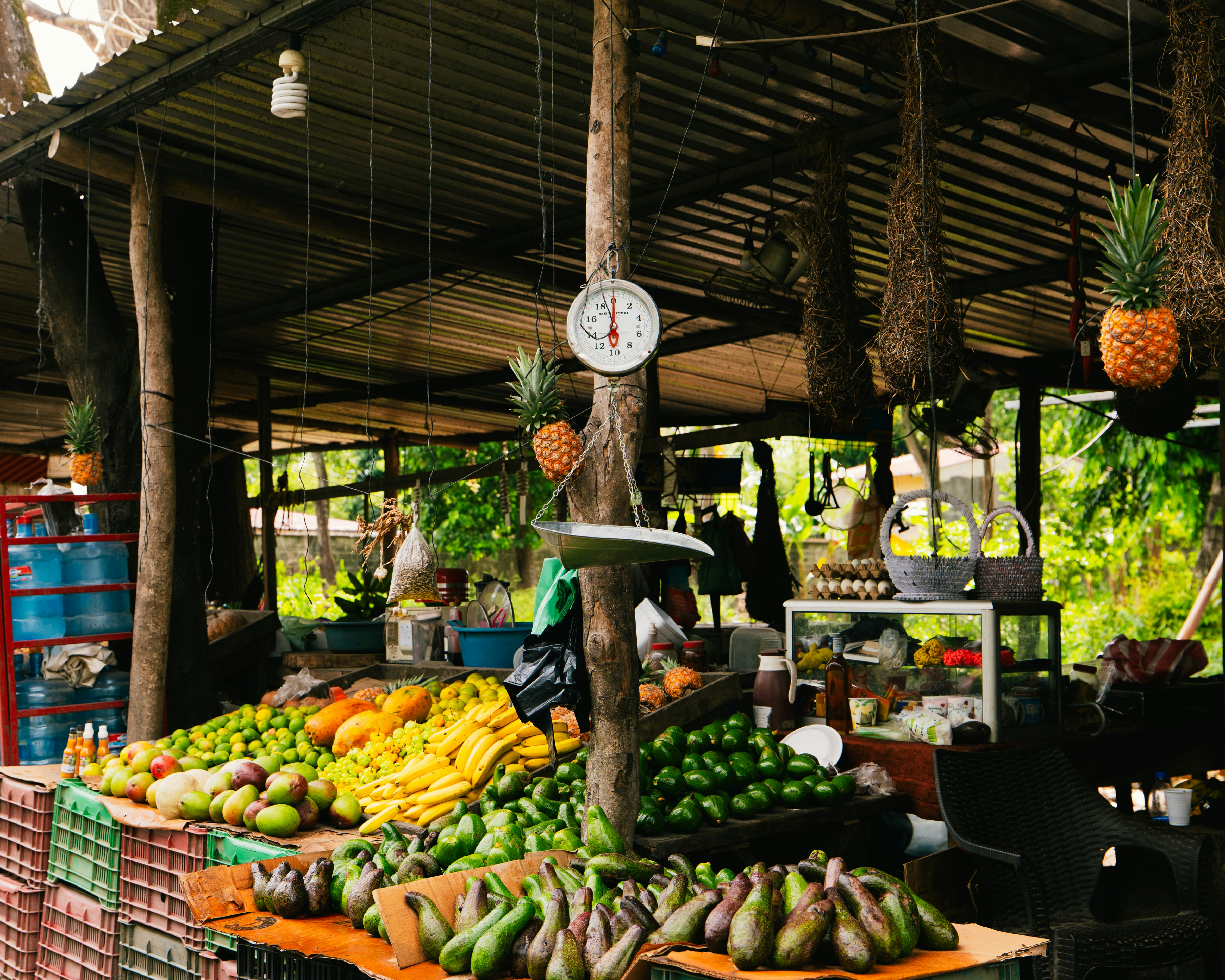 A colorful fruit stand is laden with produce.