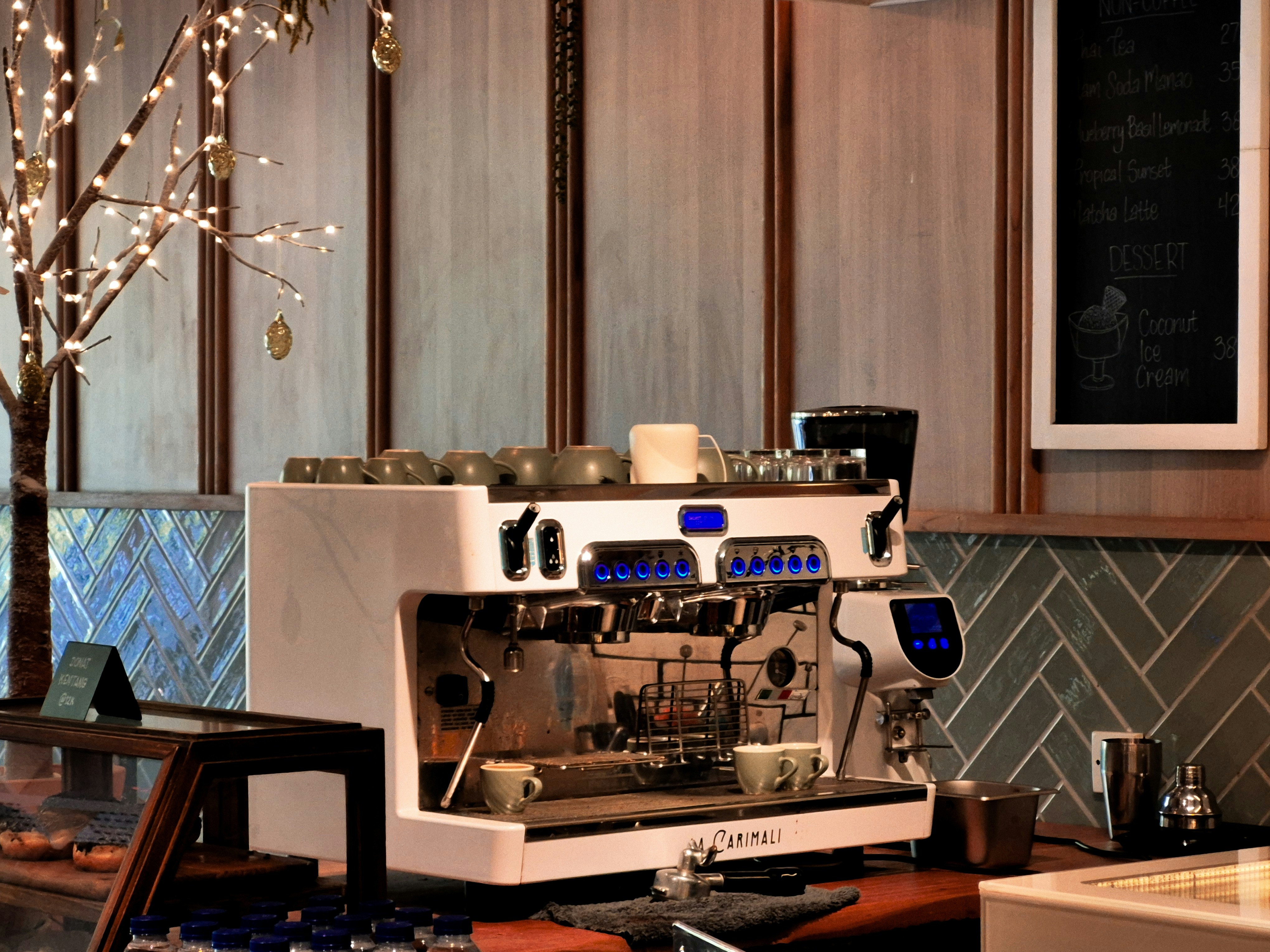 A modern espresso machine sits ready for use
