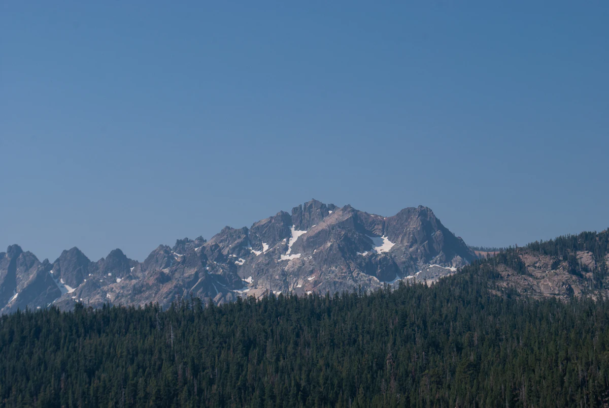 Jagged gray peaks above a dark conifer forest near Sierra City, under a clear blue sky