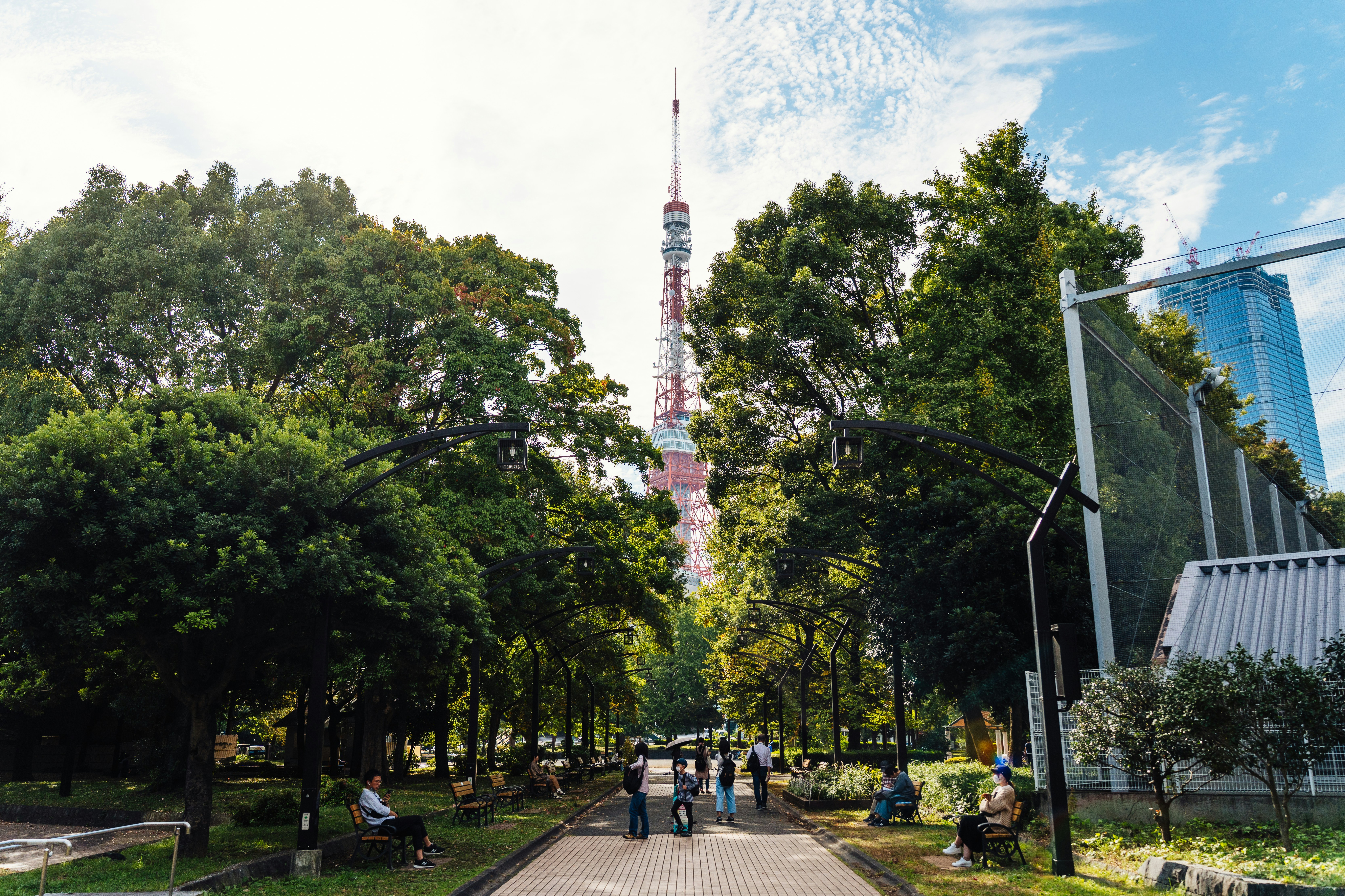 Tokyo tower towers over a park's trees and walkways.
