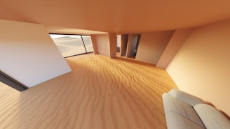 An abstract, sandy-looking room with large windows.