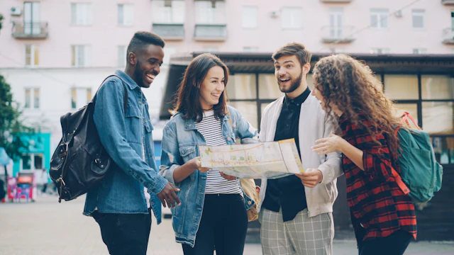 A group of travelers gathering around a map outdoors
