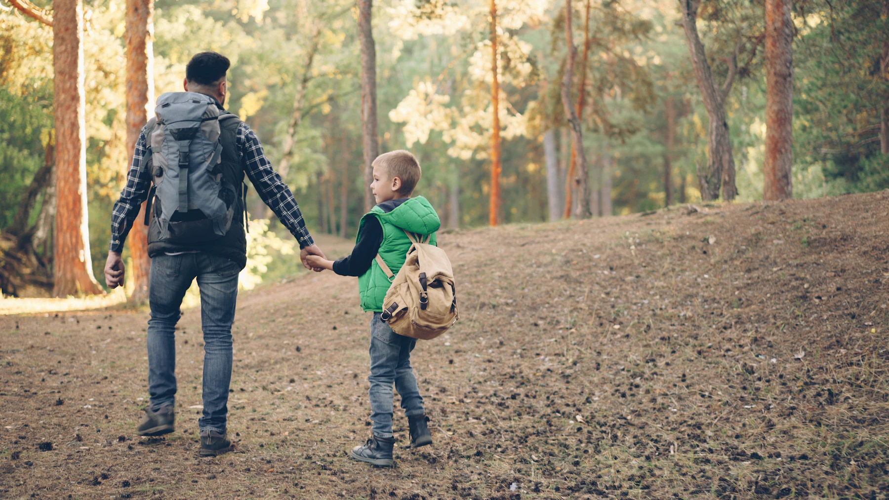 Father and son walking through woodland