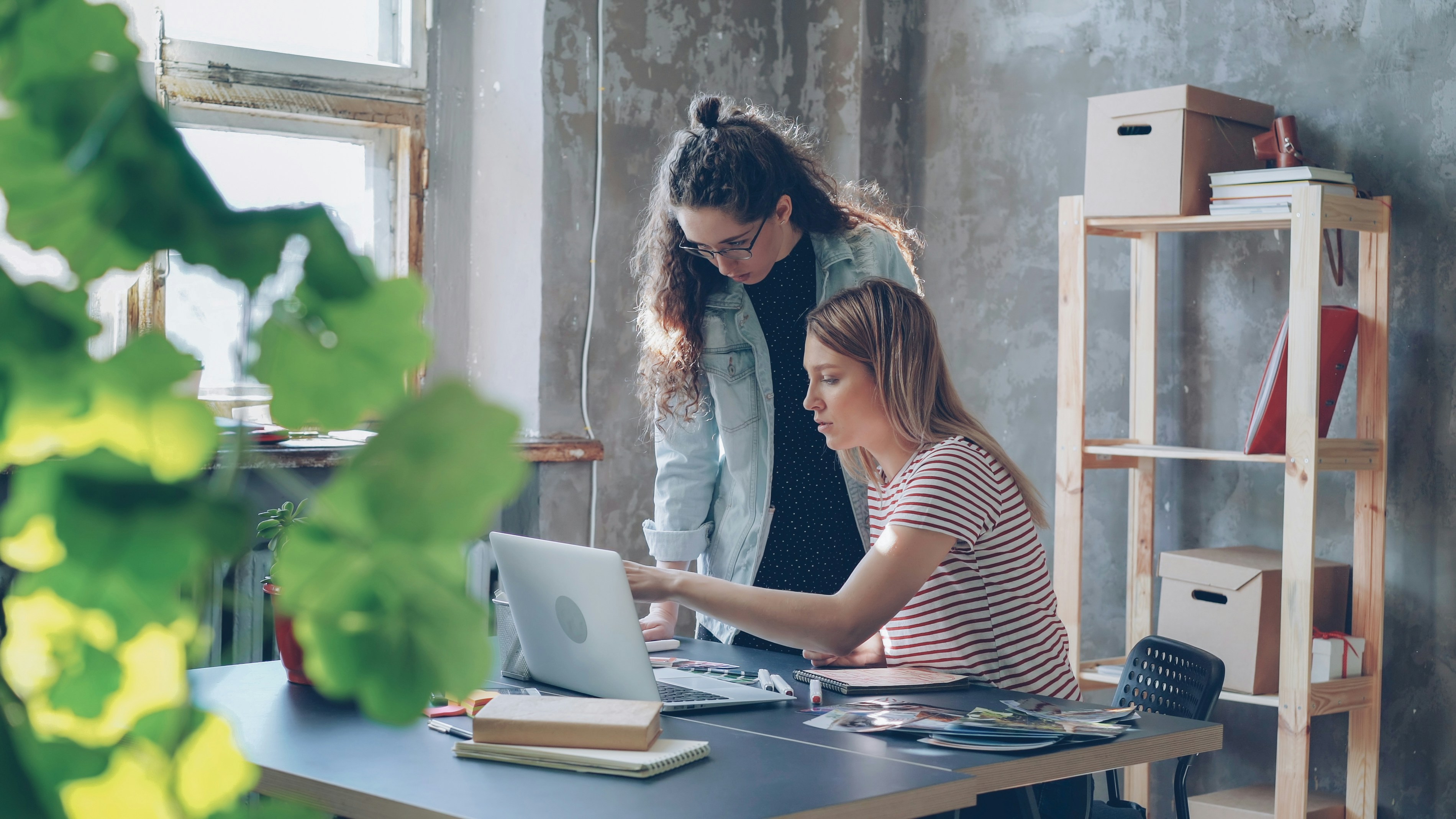 Professional woman working at laptop in office with plants