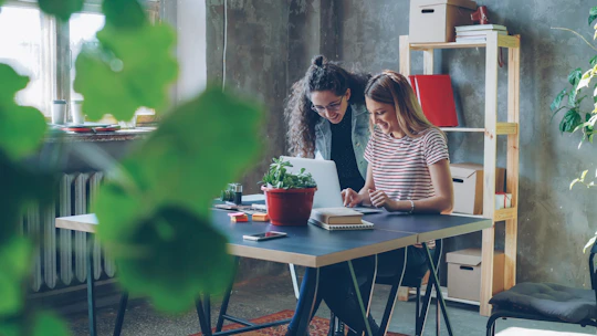 Two women collaborate at a desk in a modern office.