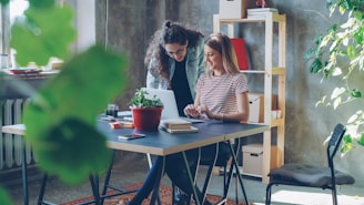 Two women collaborate at a laptop in an office.