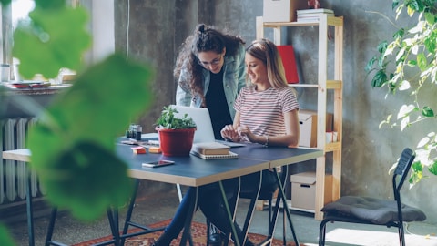 Two women collaborate at a laptop in an office.