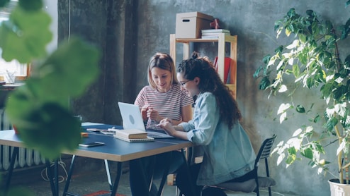Two women collaborate at a desk with a laptop.