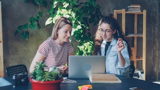 Two women collaborate at a laptop together.