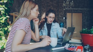Two women discuss something on a laptop.