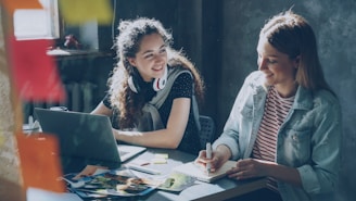 Two women collaborate on a project.